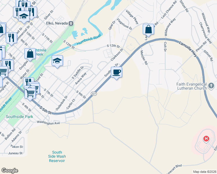 map of restaurants, bars, coffee shops, grocery stores, and more near 1102 Lamoille Highway in Elko