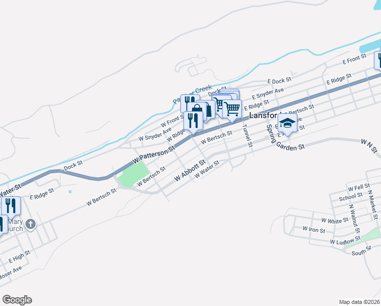 map of restaurants, bars, coffee shops, grocery stores, and more near 125-199 West Bertsch Street in Lansford