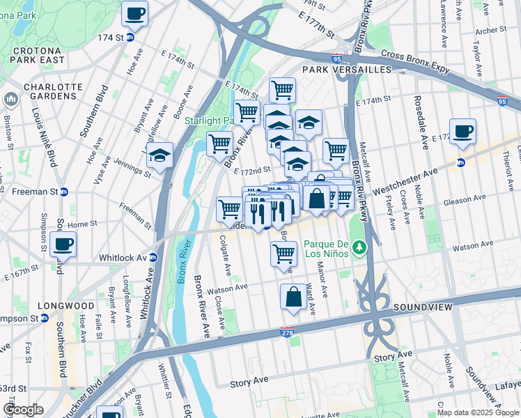 map of restaurants, bars, coffee shops, grocery stores, and more near 1238 Elder Avenue in Bronx