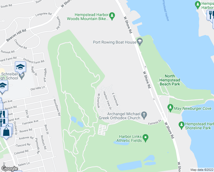 map of restaurants, bars, coffee shops, grocery stores, and more near 100 Harbor View Drive in Port Washington