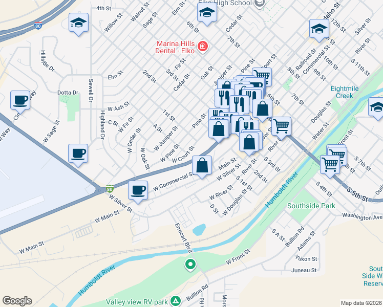 map of restaurants, bars, coffee shops, grocery stores, and more near 140 West Court Street in Elko