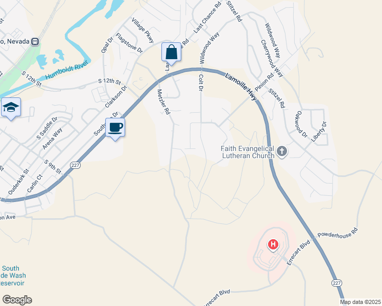 map of restaurants, bars, coffee shops, grocery stores, and more near 1625 Winchester Drive in Elko