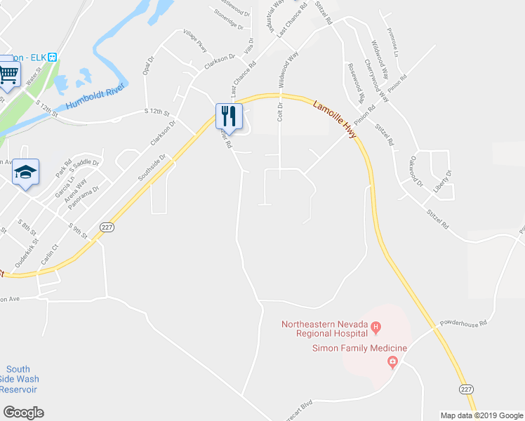 map of restaurants, bars, coffee shops, grocery stores, and more near 1625 Winchester Drive in Elko