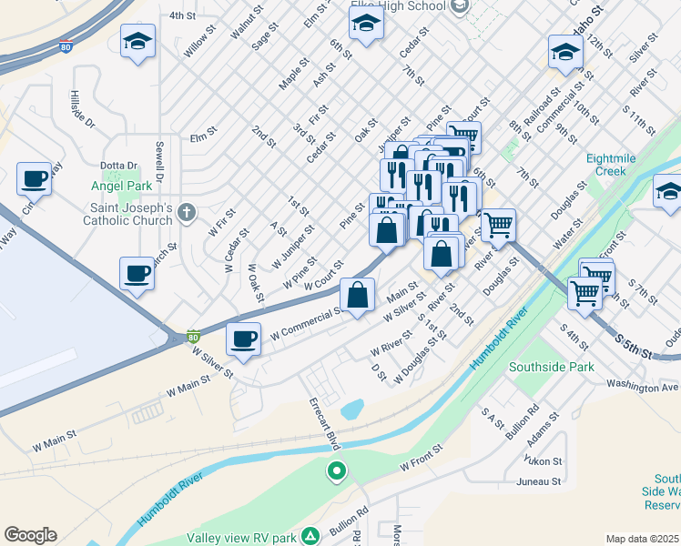 map of restaurants, bars, coffee shops, grocery stores, and more near 140 West Court Street in Elko