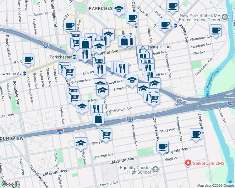 map of restaurants, bars, coffee shops, grocery stores, and more near 2033 Haviland Avenue in Bronx
