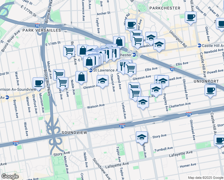 map of restaurants, bars, coffee shops, grocery stores, and more near 1830 Gleason Avenue in Bronx