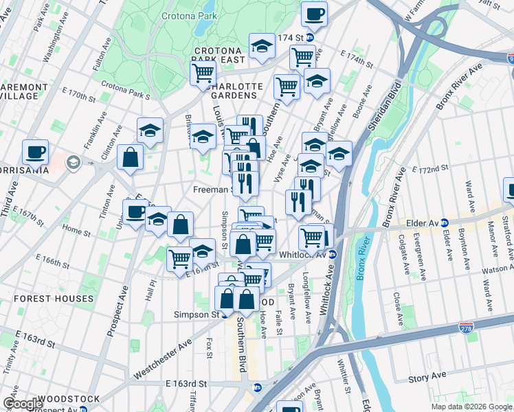 map of restaurants, bars, coffee shops, grocery stores, and more near in The Bronx