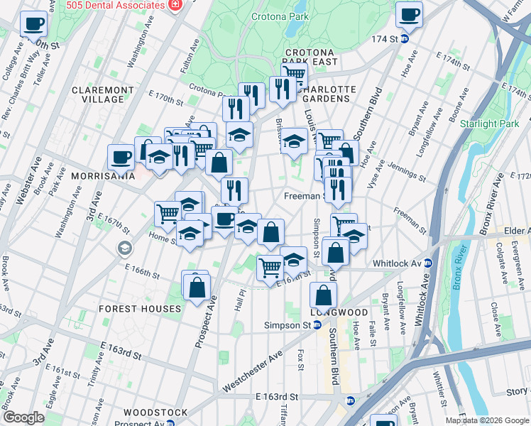 map of restaurants, bars, coffee shops, grocery stores, and more near 1289 Chisholm Street in Bronx