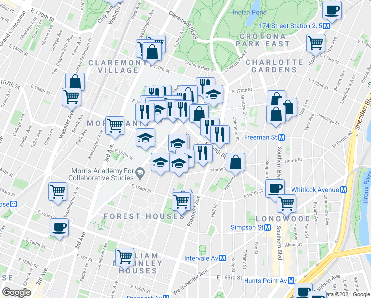 map of restaurants, bars, coffee shops, grocery stores, and more near 1225 Tinton Avenue in The Bronx