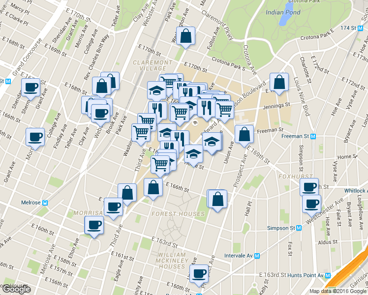 map of restaurants, bars, coffee shops, grocery stores, and more near 1208 Franklin Avenue in Bronx