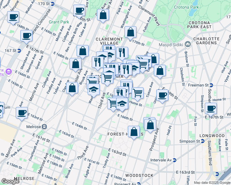 map of restaurants, bars, coffee shops, grocery stores, and more near 1194 Fulton Avenue in Bronx