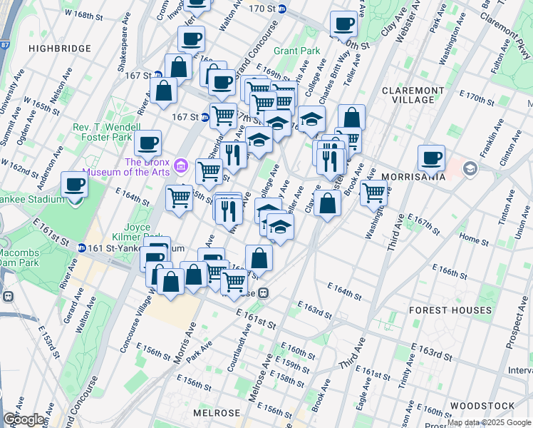 map of restaurants, bars, coffee shops, grocery stores, and more near 318 East 166th Street in The Bronx