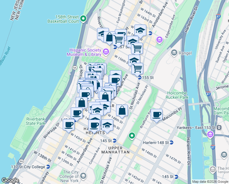 map of restaurants, bars, coffee shops, grocery stores, and more near 520 West 152nd Street in New York