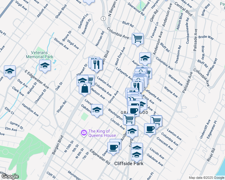 map of restaurants, bars, coffee shops, grocery stores, and more near 447 Lawton Avenue in Cliffside Park
