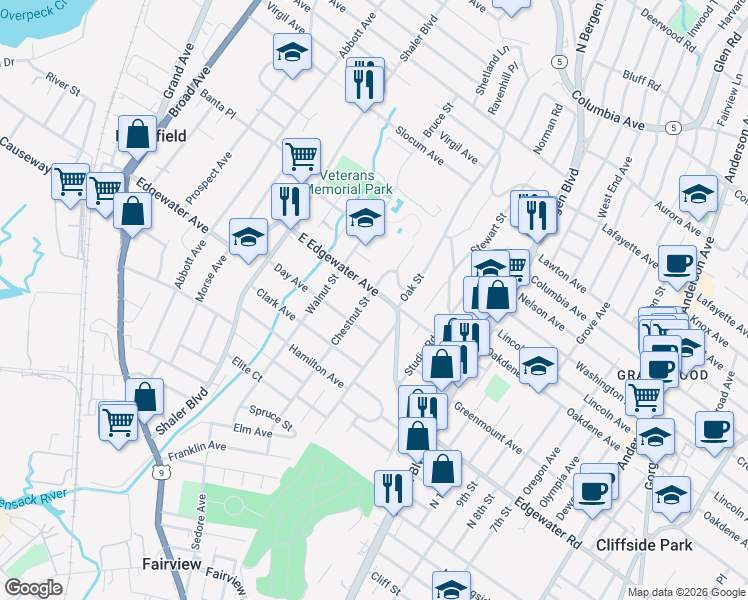 map of restaurants, bars, coffee shops, grocery stores, and more near 505 Chestnut Street in Ridgefield