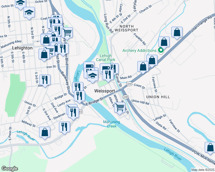 map of restaurants, bars, coffee shops, grocery stores, and more near 112 Bridge Street in Weissport