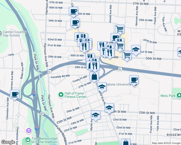 map of restaurants, bars, coffee shops, grocery stores, and more near in Canton