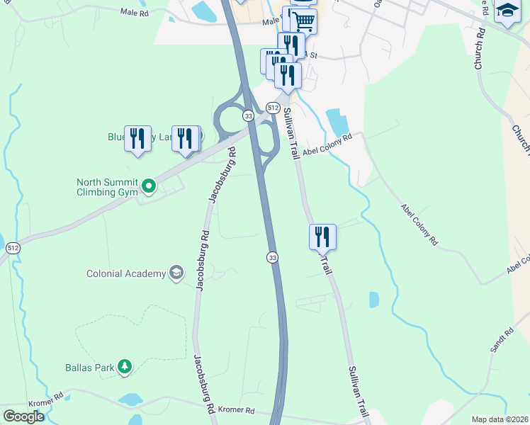 map of restaurants, bars, coffee shops, grocery stores, and more near Highway 33 in Wind Gap