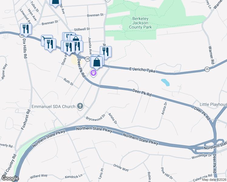 map of restaurants, bars, coffee shops, grocery stores, and more near 1 Brothers Court in Dix Hills