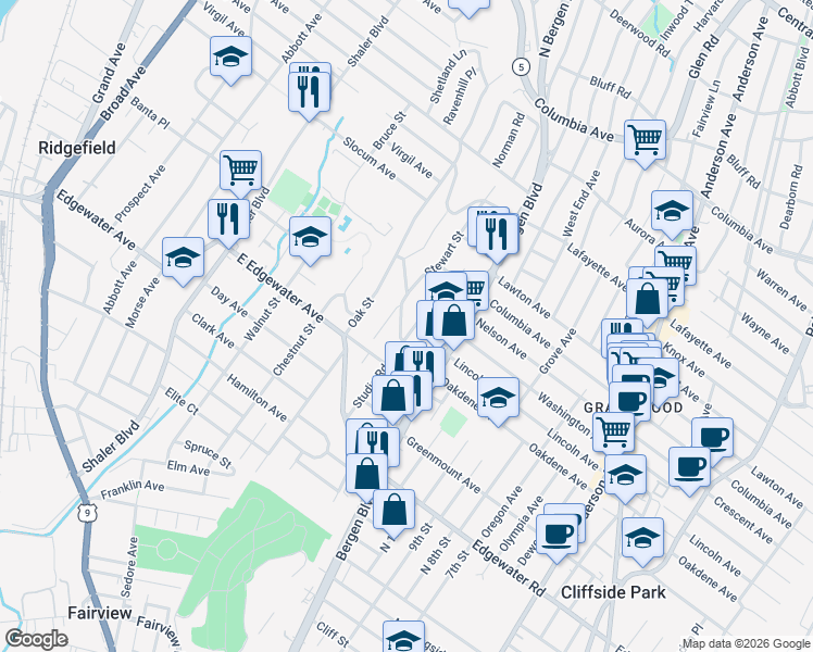 map of restaurants, bars, coffee shops, grocery stores, and more near 595 Stewart Street in Ridgefield