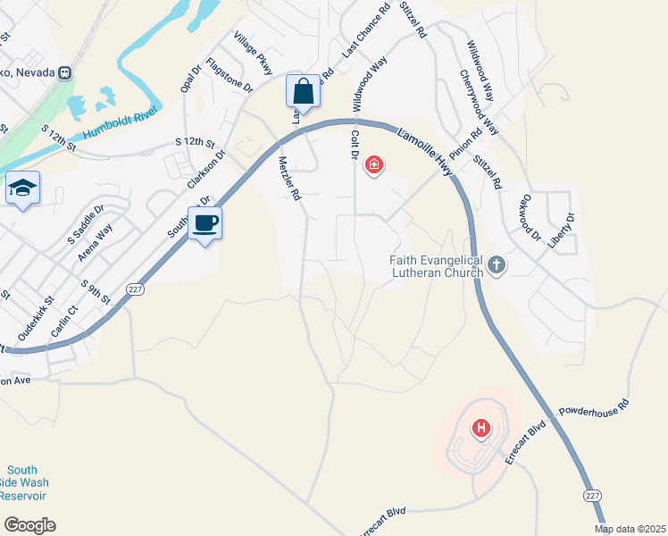 map of restaurants, bars, coffee shops, grocery stores, and more near 1653 Orchard Cove Drive in Elko