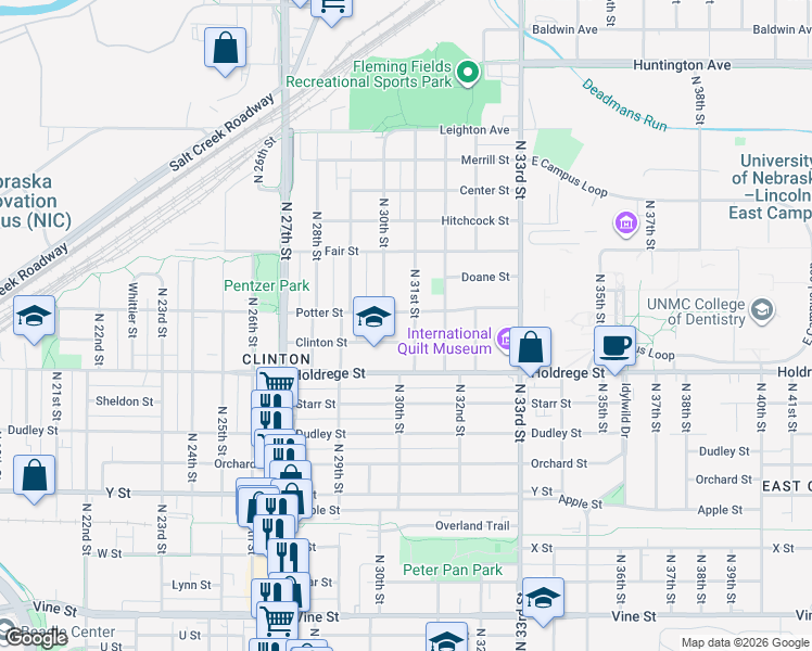 map of restaurants, bars, coffee shops, grocery stores, and more near 1704 North 30th Street in Lincoln