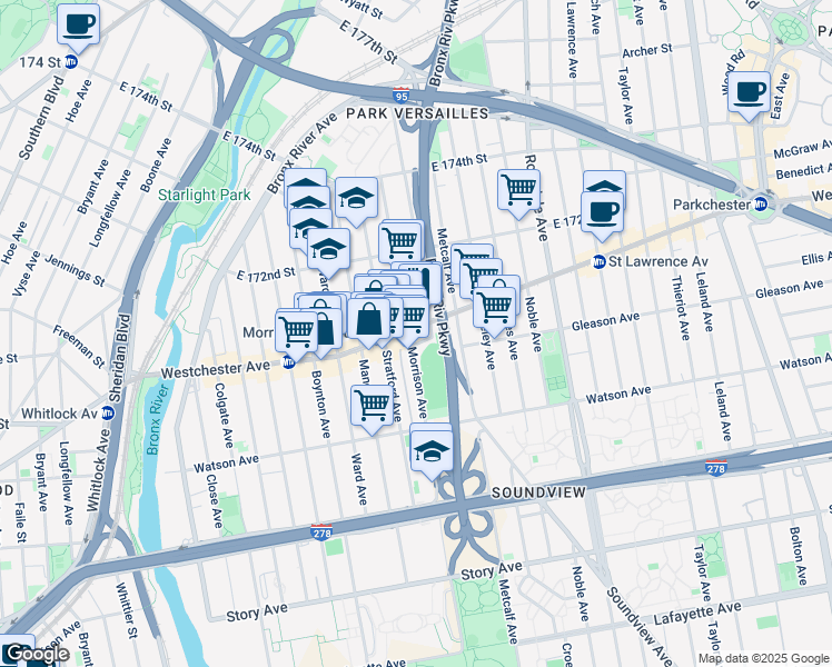 map of restaurants, bars, coffee shops, grocery stores, and more near 1620 Morrison Avenue in The Bronx