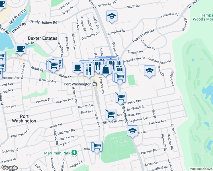 map of restaurants, bars, coffee shops, grocery stores, and more near 12 South Maryland Avenue in Port Washington