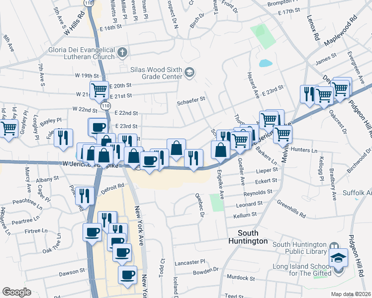 map of restaurants, bars, coffee shops, grocery stores, and more near 95 East 24th Street in Huntington Station