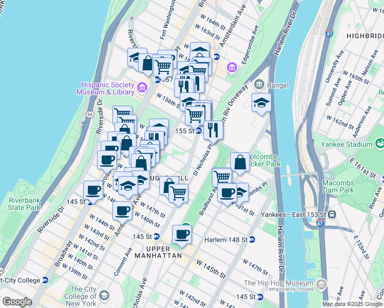 map of restaurants, bars, coffee shops, grocery stores, and more near Saint Nicholas Avenue & West 153rd Street in New York