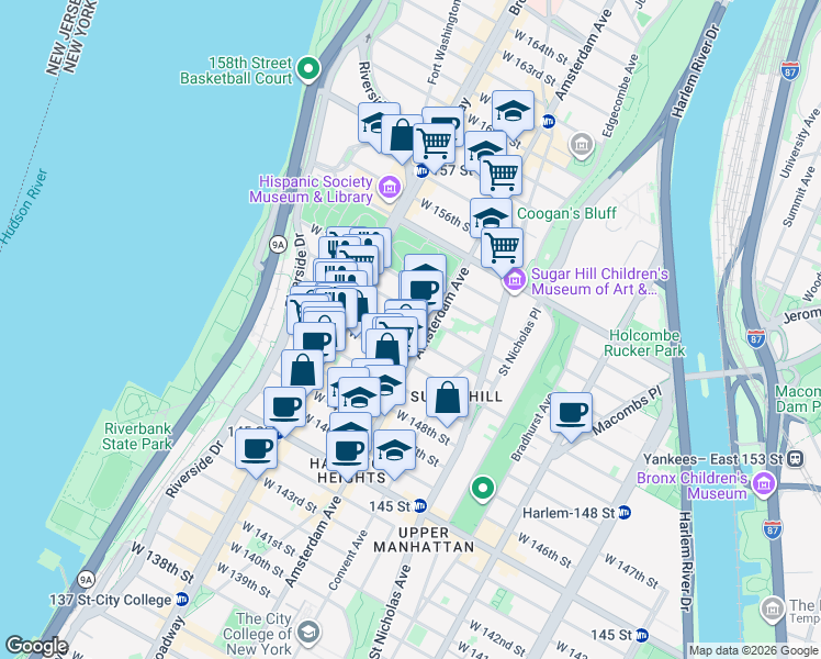 map of restaurants, bars, coffee shops, grocery stores, and more near 511 West 151st Street in New York