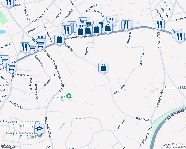 map of restaurants, bars, coffee shops, grocery stores, and more near 165 Beverly Road in Huntington Station