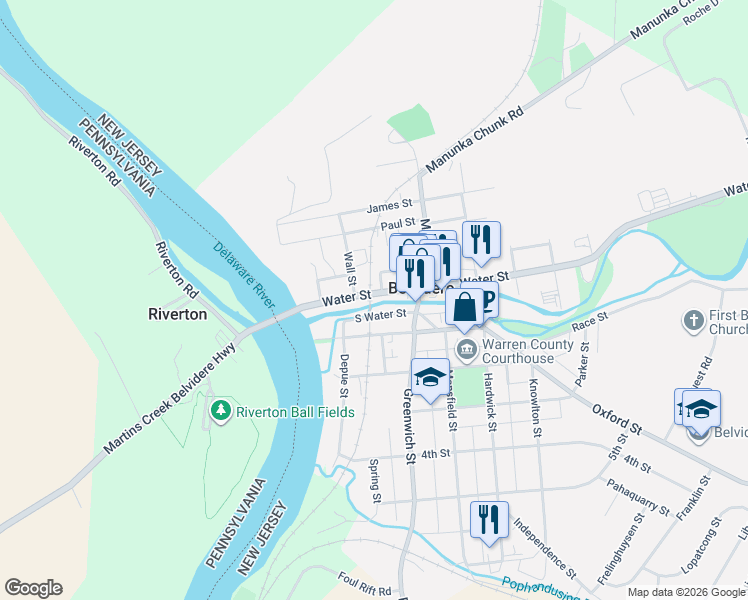map of restaurants, bars, coffee shops, grocery stores, and more near 207 Water Street in Belvidere
