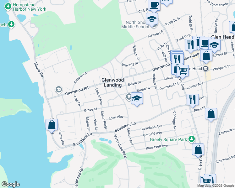 map of restaurants, bars, coffee shops, grocery stores, and more near Cody Avenue in Glen Head