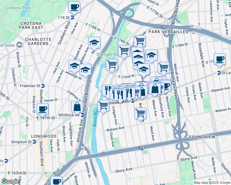 map of restaurants, bars, coffee shops, grocery stores, and more near 1246 Evergreen Avenue in The Bronx