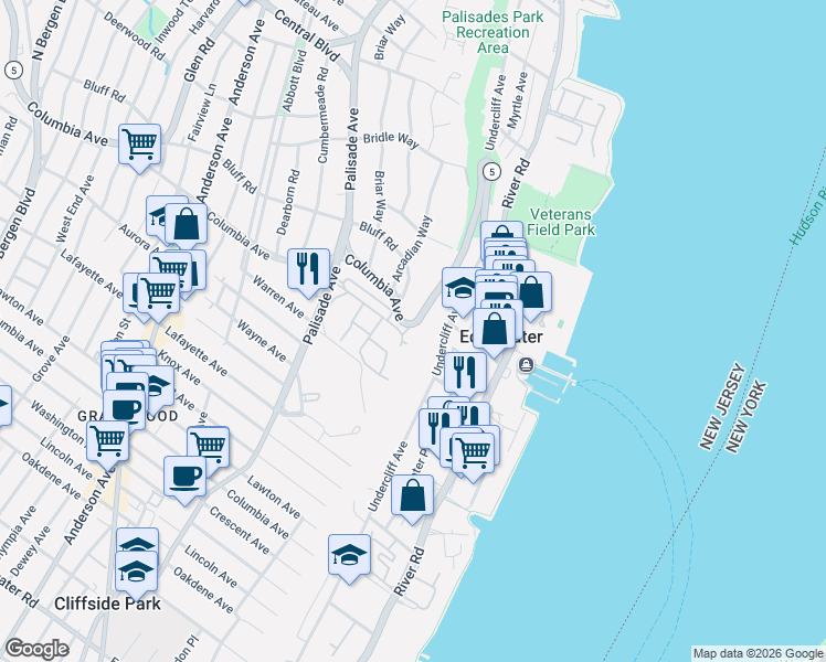 map of restaurants, bars, coffee shops, grocery stores, and more near 39 Bluff Road in Fort Lee