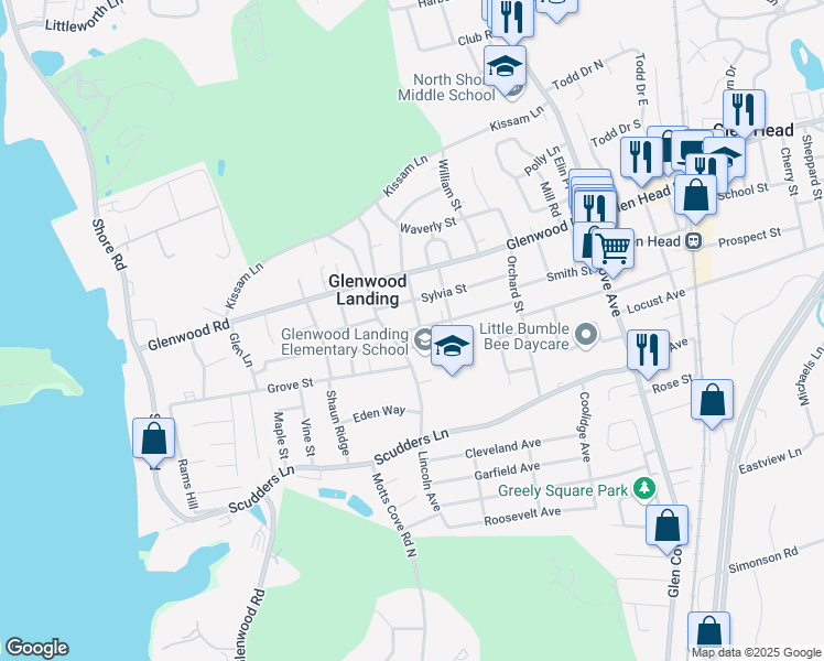map of restaurants, bars, coffee shops, grocery stores, and more near 71 Smith Street in Glen Head