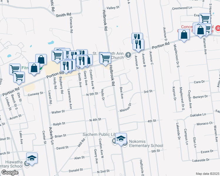 map of restaurants, bars, coffee shops, grocery stores, and more near 4 Hollo Drive in Holbrook