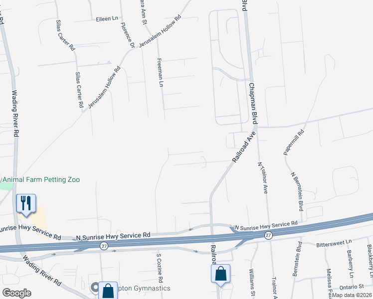 map of restaurants, bars, coffee shops, grocery stores, and more near 41 North Cozine Road in Manorville