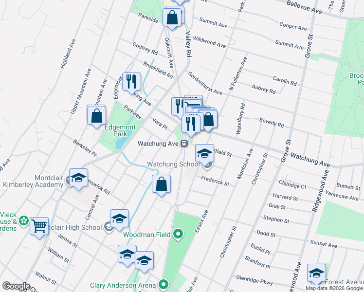 map of restaurants, bars, coffee shops, grocery stores, and more near in Montclair