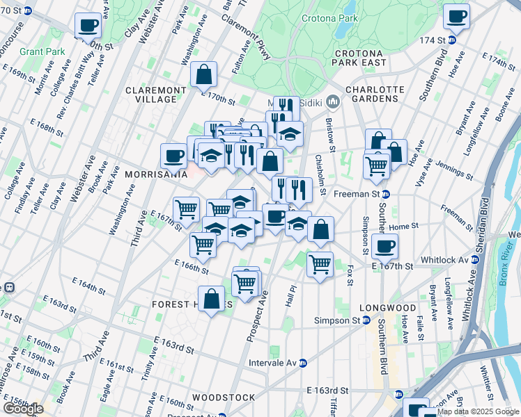 map of restaurants, bars, coffee shops, grocery stores, and more near 786 East 169th Street in Bronx