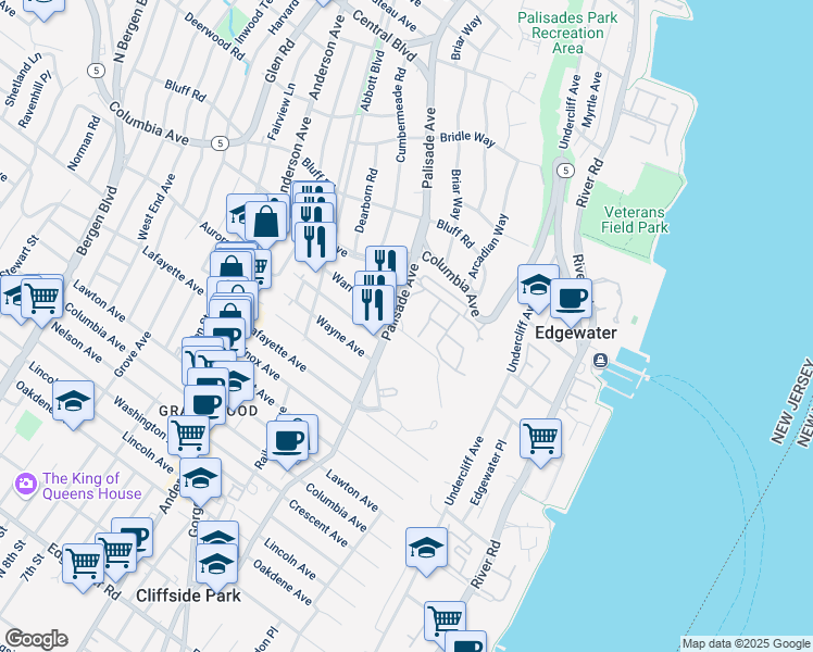 map of restaurants, bars, coffee shops, grocery stores, and more near 811 Palisade Avenue in Fort Lee