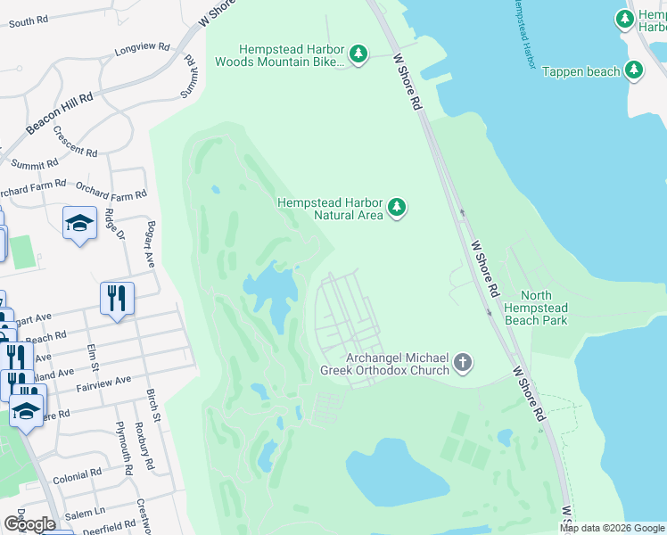 map of restaurants, bars, coffee shops, grocery stores, and more near 100 Harbor View Drive in Port Washington