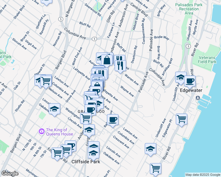 map of restaurants, bars, coffee shops, grocery stores, and more near 291 Franklin Avenue in Cliffside Park
