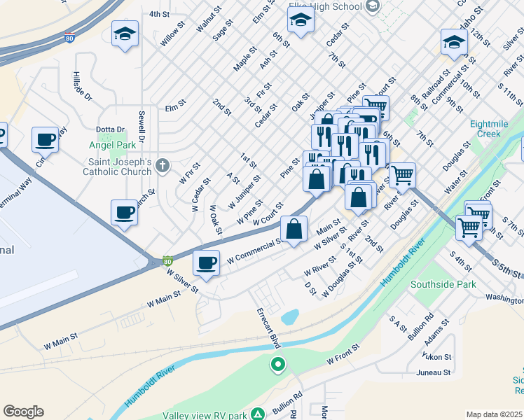 map of restaurants, bars, coffee shops, grocery stores, and more near 565 A Street in Elko