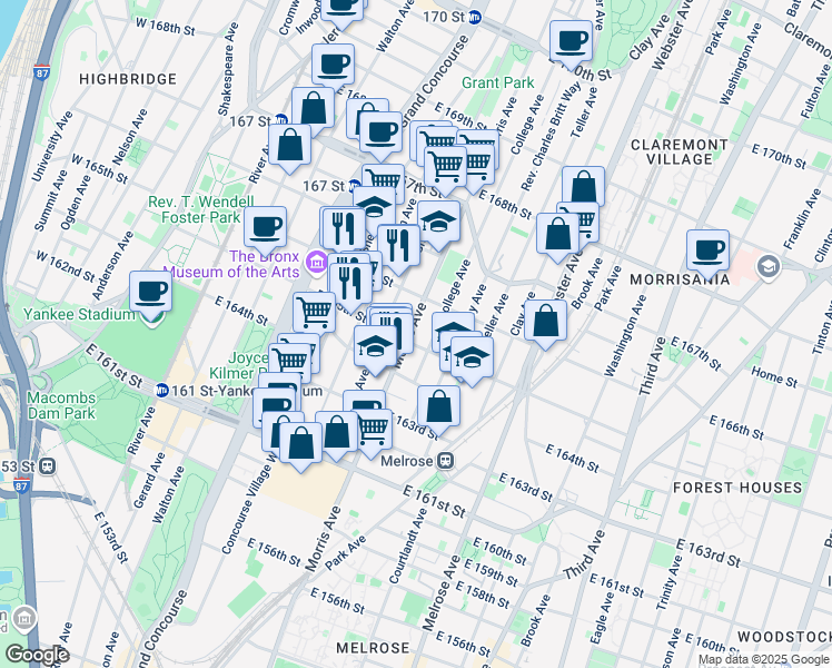 map of restaurants, bars, coffee shops, grocery stores, and more near 1040 Morris Avenue in The Bronx