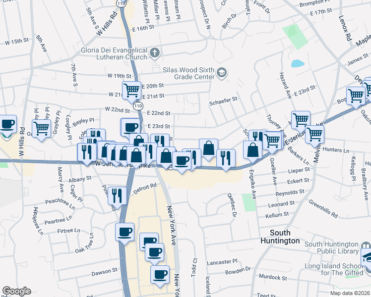 map of restaurants, bars, coffee shops, grocery stores, and more near 44 East 24th Street in Huntington Station