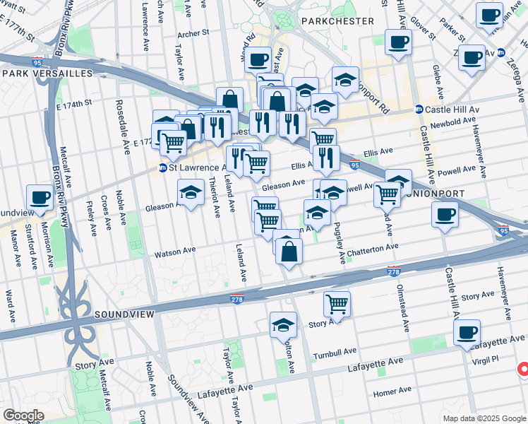 map of restaurants, bars, coffee shops, grocery stores, and more near 1157 White Plains Road in Bronx