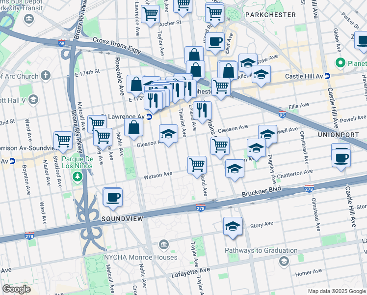 map of restaurants, bars, coffee shops, grocery stores, and more near 1830 Gleason Avenue in Bronx