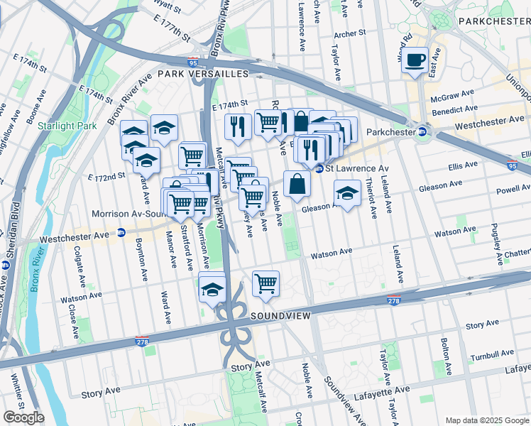 map of restaurants, bars, coffee shops, grocery stores, and more near 1700 Wchester Avenue in Bronx